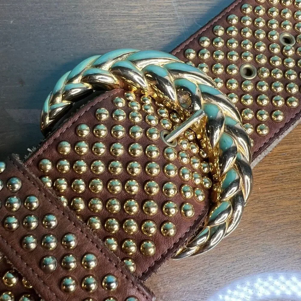 Vtg Gold Studded Leather Belt medium to large Womens Sand Castle New York chunk